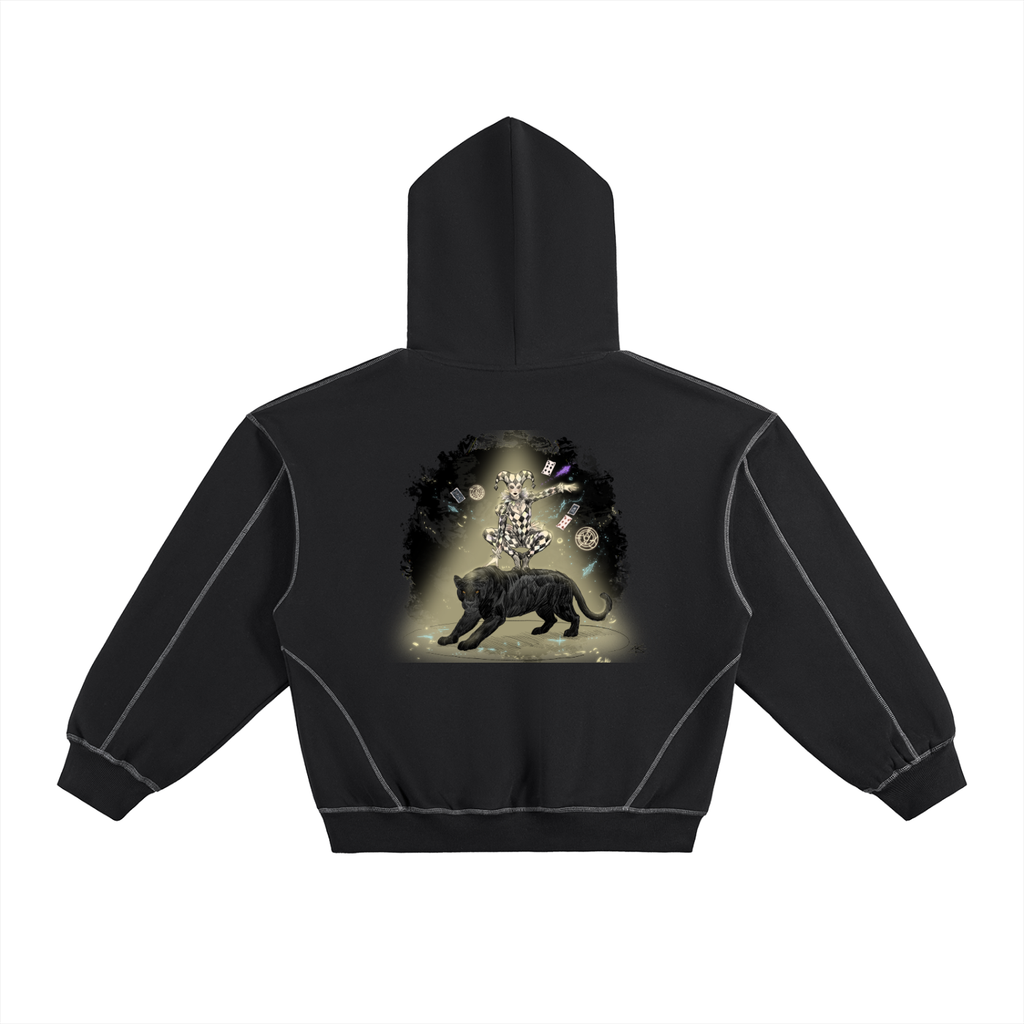 The Dance of the Harlequin Contrast-Stitched Boxy Fleece Hoodie