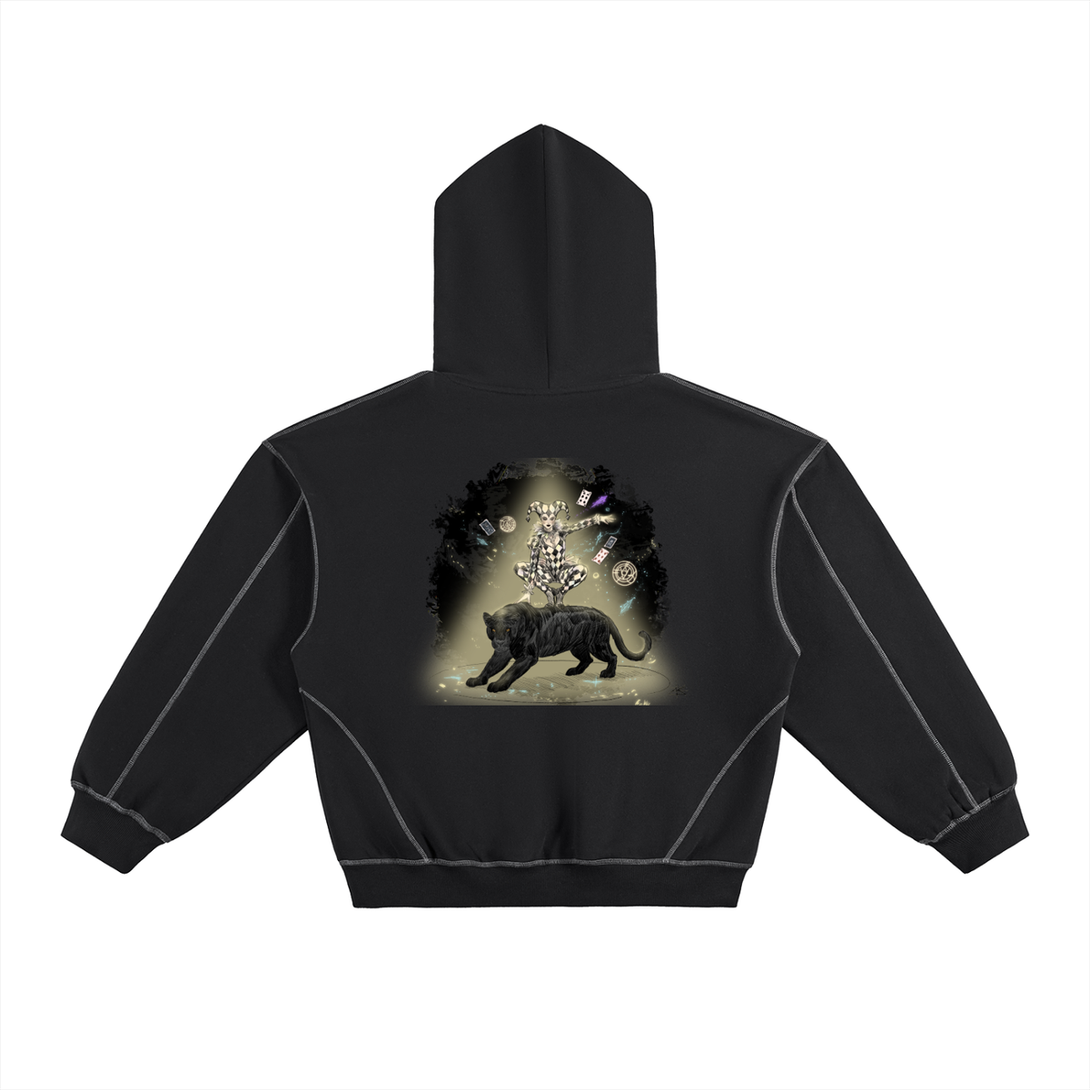 The Dance of the Harlequin Contrast-Stitched Boxy Fleece Hoodie