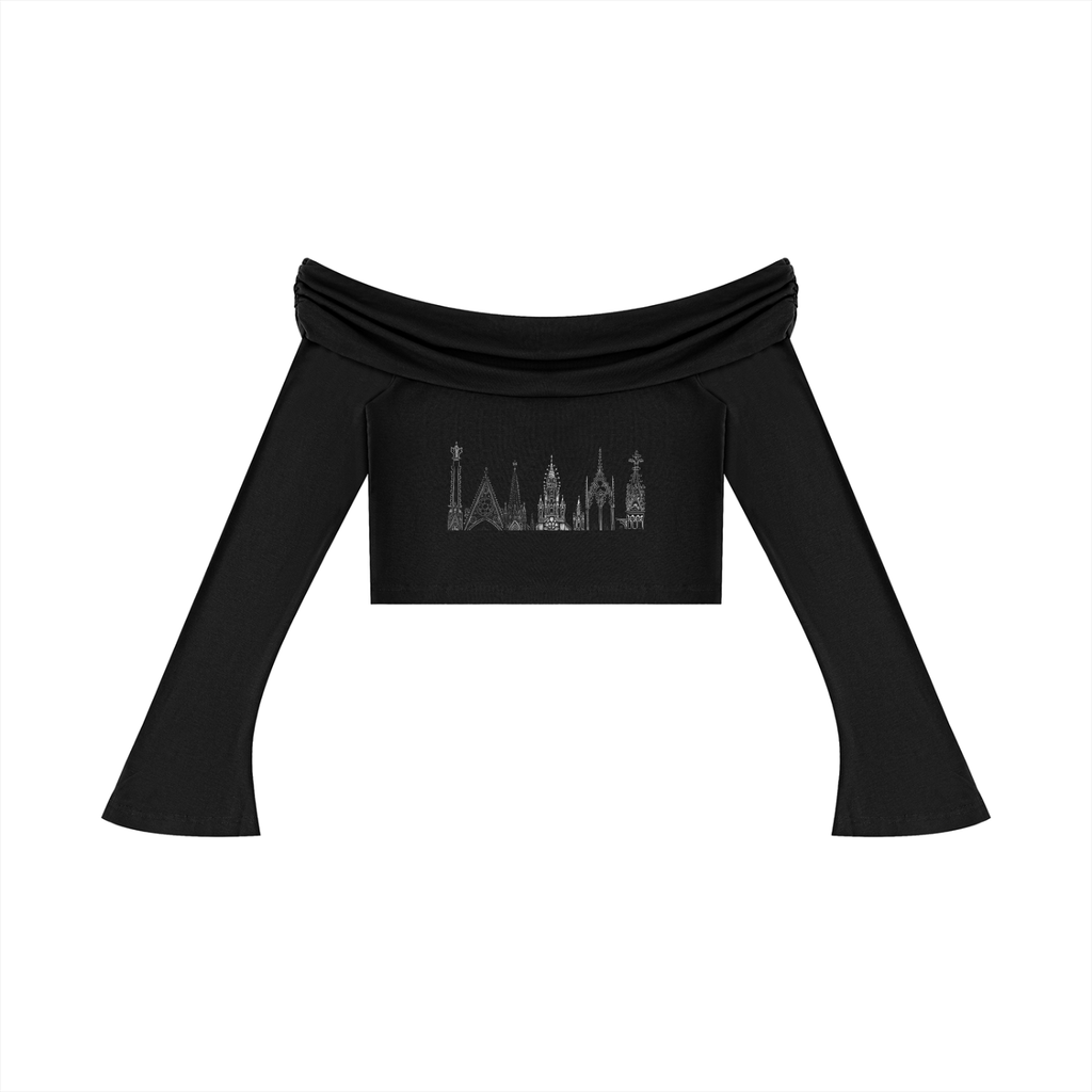 Gothic Spires Women's Off-the-Shoulder Bell Sleeve Crop T-Shirt