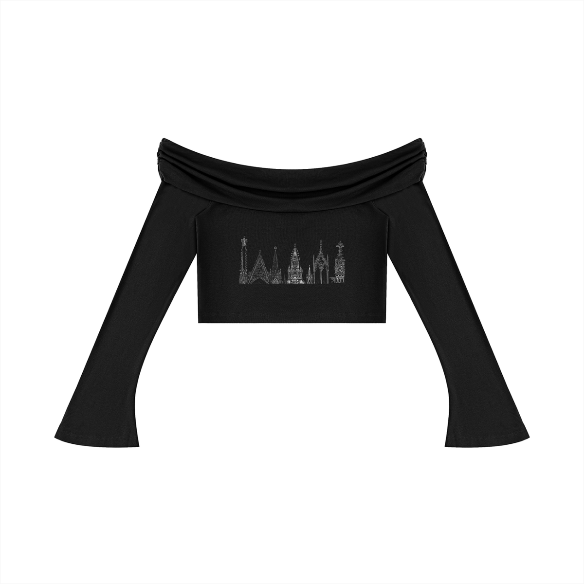 Gothic Spires Women's Off-the-Shoulder Bell Sleeve Crop T-Shirt