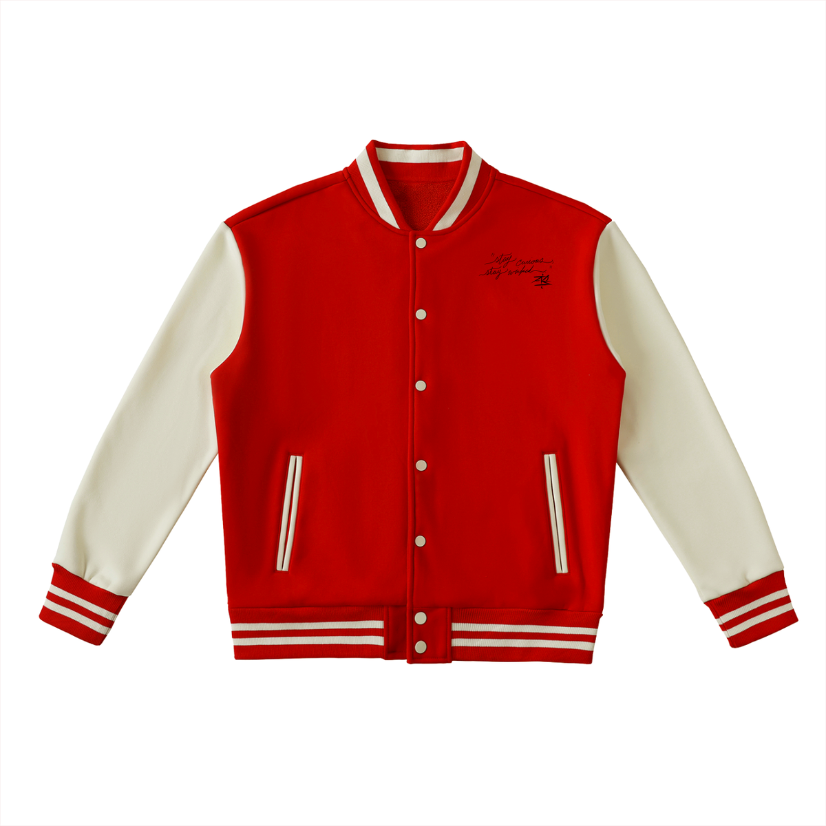 Stay Curious Two-Tone Fleeced Varsity Jacket
