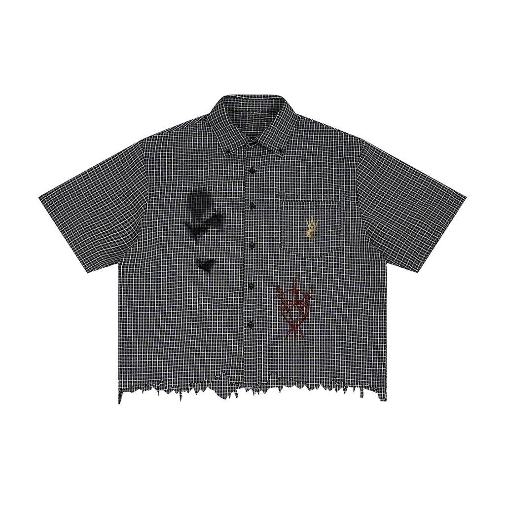 Master of the Macabre Unisex Distressed Plaid Boxy Shirt