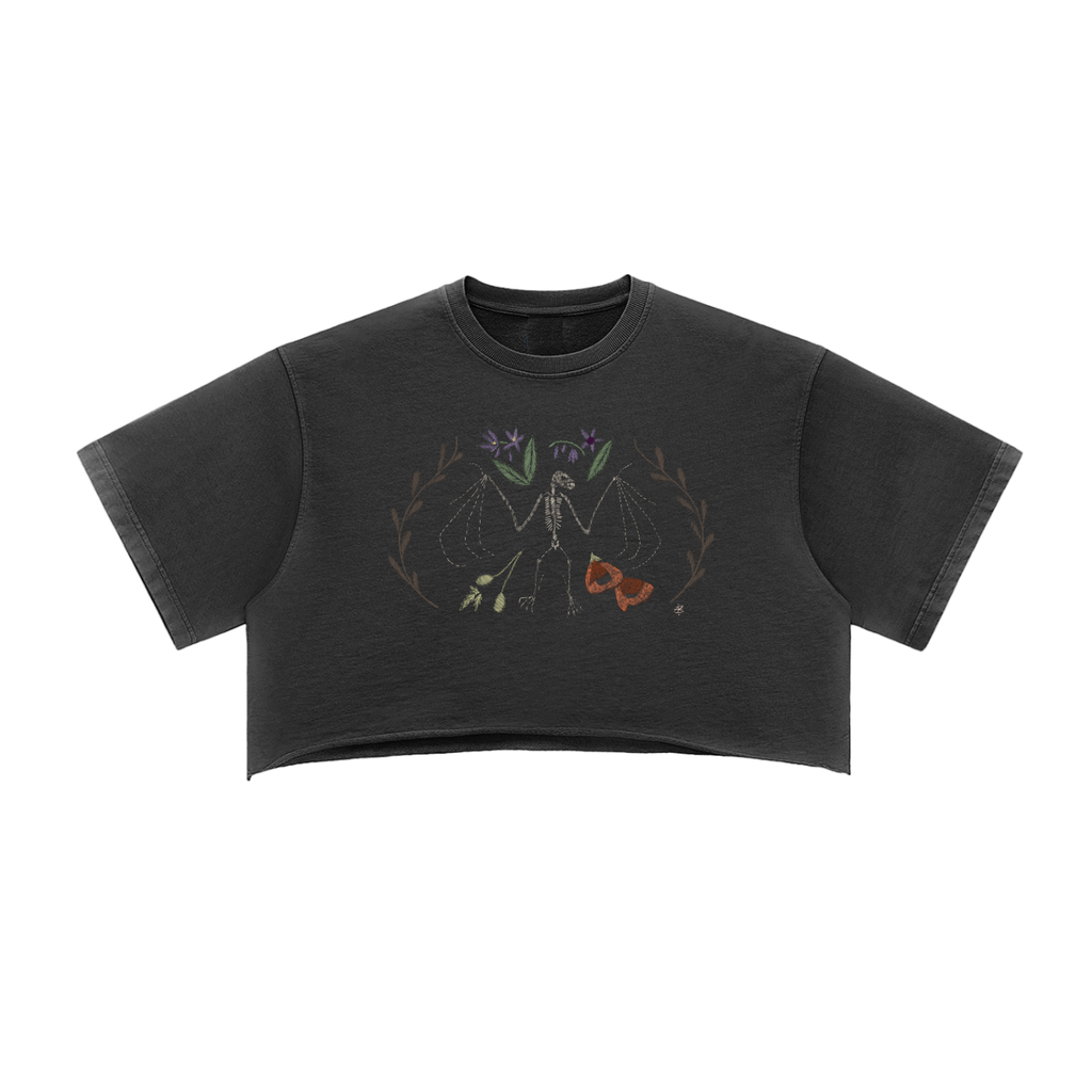 Bat skeleton Snow Washed Raw Edge Crop Top